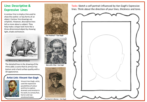 Art cover work/cover lesson worksheet - Expressive lines, Vincent Van Gogh Inspired