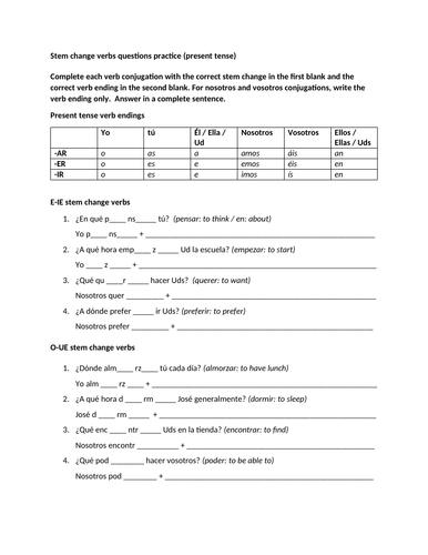 Stem change verbs questions practice