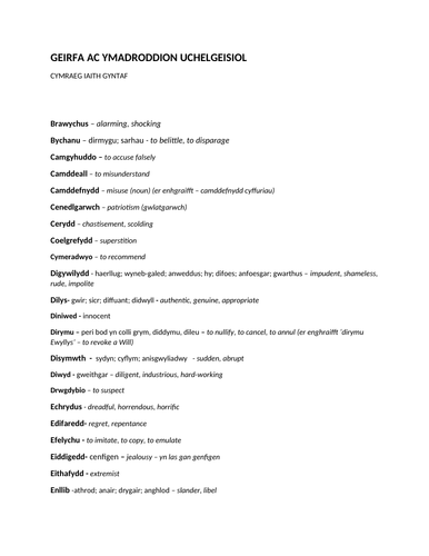 CYMRAEG IAITH GYNTAF SAFON UWCH A* - taflen adolygu | Teaching Resources