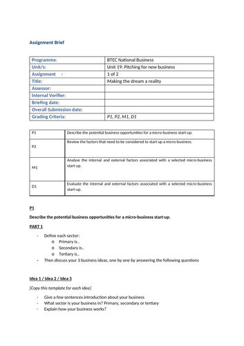 BTEC L3 Business - Unit 19 - Assignment Templates: Pitching for New Business