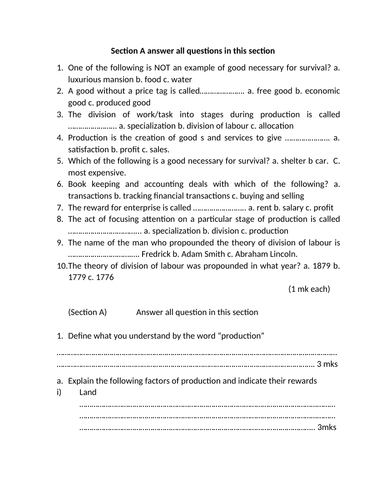 Business Studies Assessment Test and Exam for Year 7