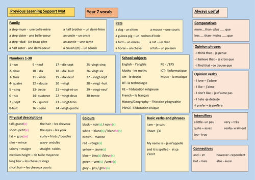 Year 9 French previous learning mat