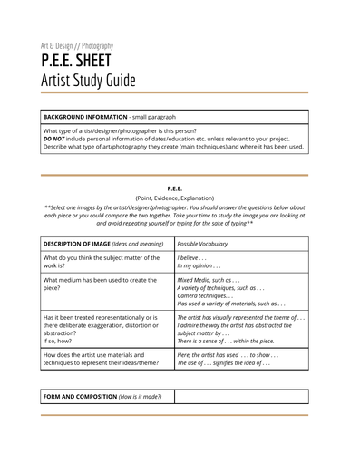 Artist Research Analysis P.E.E. Sheet