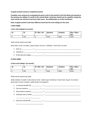 Irregular preterit verbs sentence completion practice