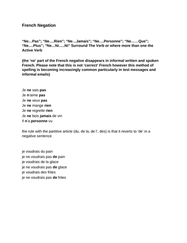 French negation / the negative GCSE revision sheet