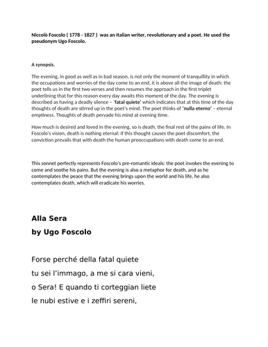 Italian Home School Resource looking at the poem ALLA SERA