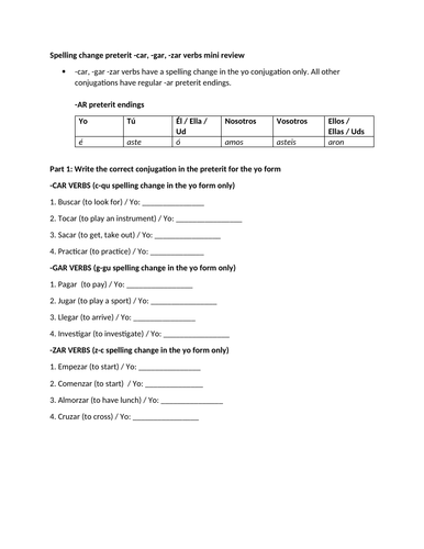 Spelling change preterit mini review practice | Teaching Resources
