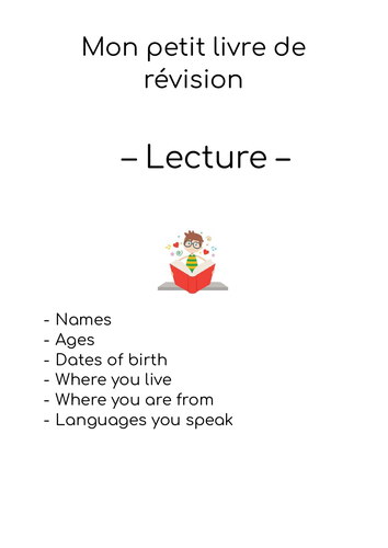French reading booklet with exercises and vocab