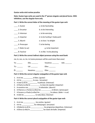 Gustar verbs review practice