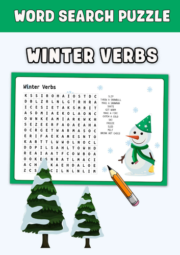 Winter verbs Word Search Puzzle Worksheet Activities