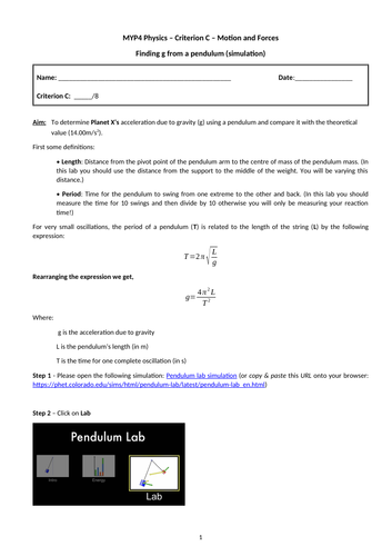 MYP4&5 Physics - Criterion C - Finding g from a pendulum (simulation)