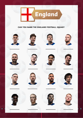 England FIFA World Cup Quiz Game Sheet with Answer Sheet. Football Qatar Team building Game.