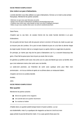 GCSE,  IGCSE FRENCH SAMPLE ESSAYS  WITH TRANSLATION and Grade 7-9 phrases and useful structures