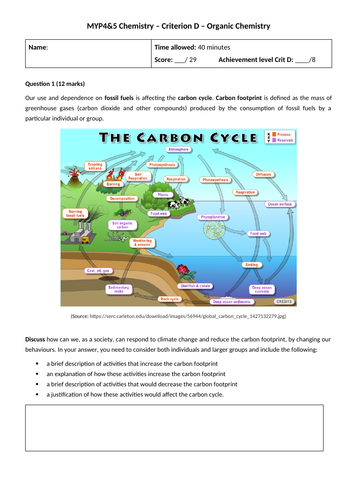 MYP4&5 Chemistry - Criterion D - Carbon footprint