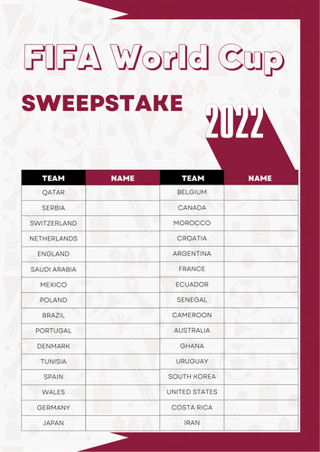 Football World Cup Sweepstake Game/ Soccer Football Tournament. Qatar ...