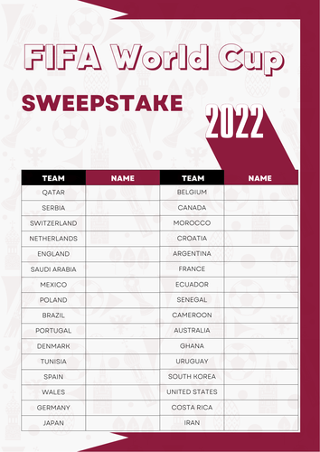 Football World Cup Sweepstake Game/ Soccer Football Tournament. Qatar / England. Pick the Winner