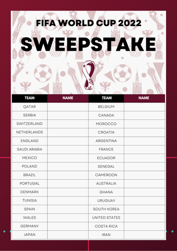 FIFA Football World Cup 2022 Sweepstake Game/ Soccer Tournament. Qatar / England. Pick the Winner /