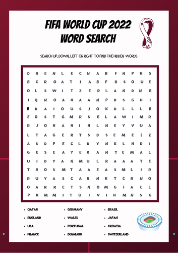 FIFA World Cup Teams Word Search Quiz Game. Football Activity Sheet and Answers. Soccer Fun, 2022.