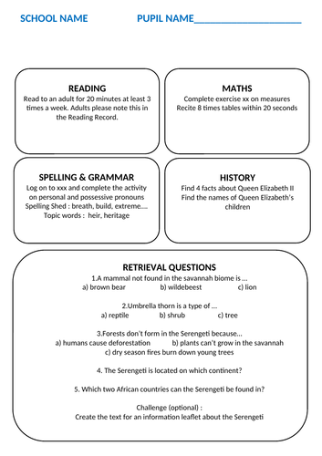 Homework Sheet Example Template that is adaptable for your school and subjects