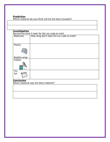 Science Insulator investigation worksheet