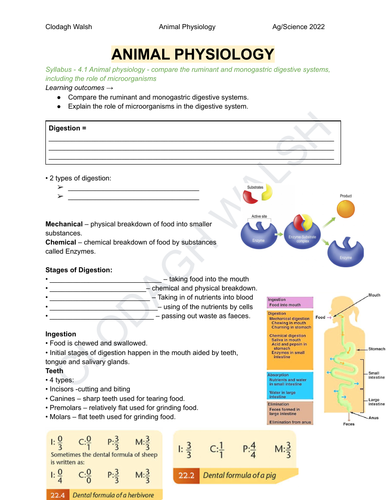 FULL NOTES & FILLABLE STUDENT NOTES WITH ACTIVITIES - Animal Physiology Leaving Cert Ag Science