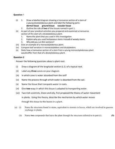 HL BIOLOGY TEST WITH MARKING SCHEME - Structure of a flowering, Transport in a plant, Nutrition,