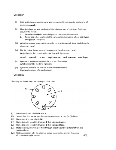 OL BIOLOGY EXAM - Structure of flowering plant, Transport, nutrition