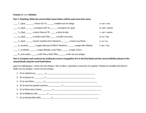 Ir a infinitive matching and sentence completion practice