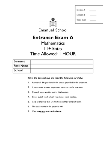 Emanuel School Maths Examination paper 11+