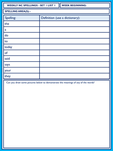 KS1 Y1 & Y2 National Curriculum Spelling Homework Tasks - 11 x Weeks