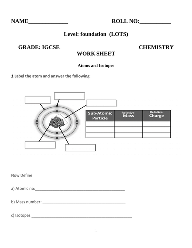 CHEMISTRY - ATOMIC STRUCTURE WORK SHEET (IGCSE ,GCSE)