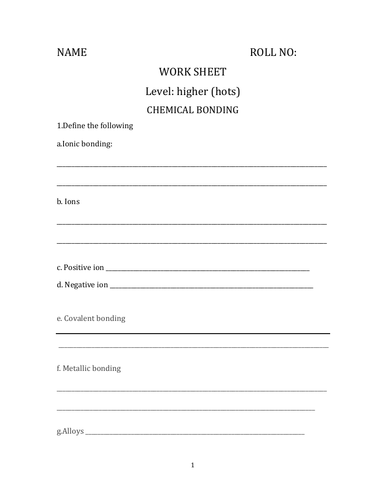 IGCSE CHEMISTRY CHEMICAL BONDING EDEXCEL COMPLETE WORK SHEET