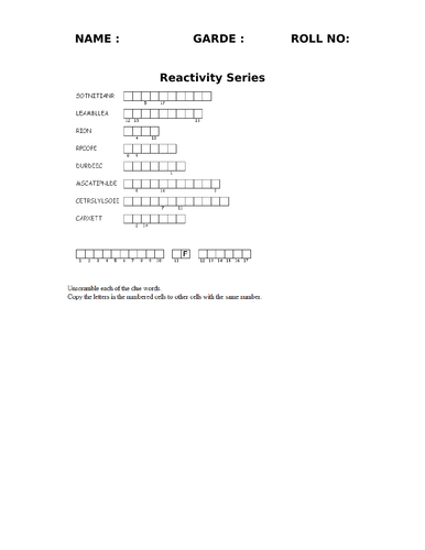 Puzzle REACTIVITY SERIES CROSS WORD REACTIVITY SERIES IGCSE CHEMISTRY EDEXCEL CLASS ACTIVITY