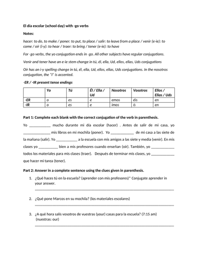 El día escolar (school day) with -go verbs