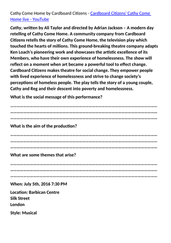AQA GCSE Drama Live Theatre - Cathy Come Home