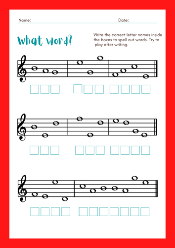 Note naming worksheet for music classes