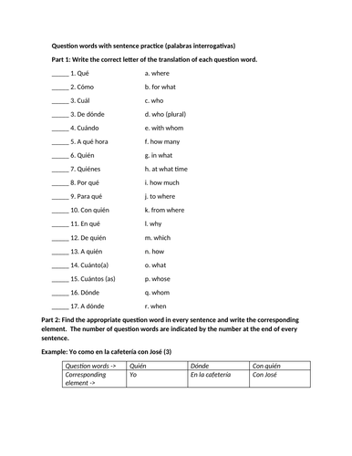 Question words with sentence practice (Spanish)