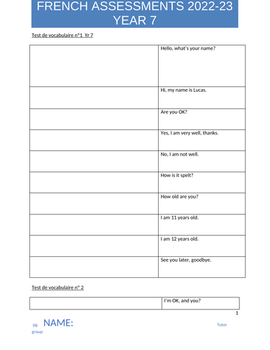 Year 7 French vocabulary, grammar, reading package
