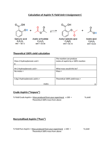 Calculation of Aspirin % Yield Unit 4 Assignment C (2016)