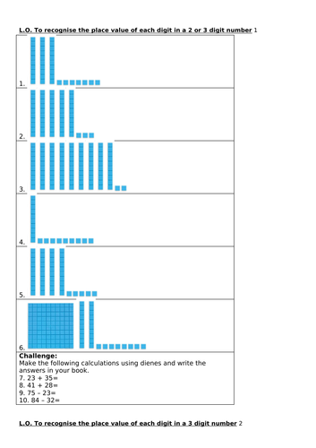 Dienes Place Value Worksheets- Differentiated- Lower Key Stage Two- 2 and 3 digit Number