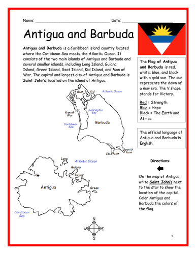 Antigua and Barbuda Introductory Printable with map and flag