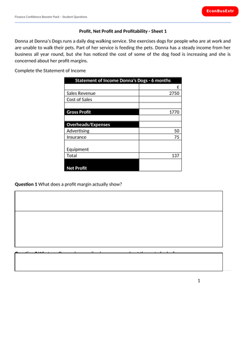 Gross and Net Profit - Worksheet with answers