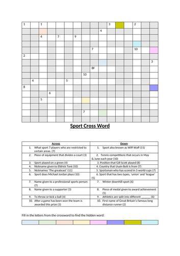 Sports Crossword Teaching Resources