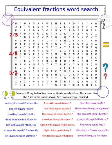 Equivalent Fractions Word Search Puzzle WITH Solving