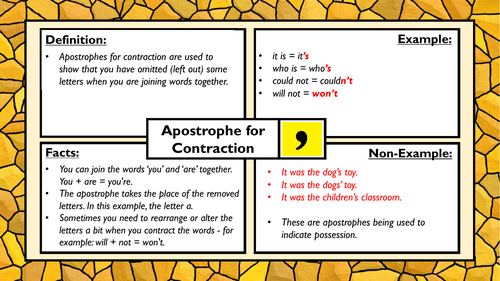 English Frayer Model Resources - Vocabulary - Apostrophes for Poss. - Apostrophes for Contr.