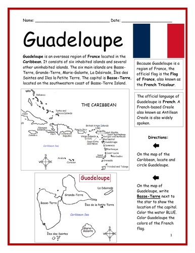 GUADELOUPE Introductory Geography Worksheet with map