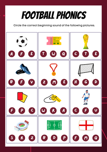 Football World Cup English Phonics Work Sheet. Primary - KS1