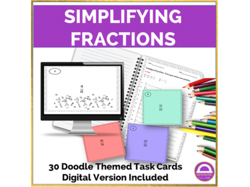 Simplifying Fractions Doodle Theme| Task Cards Printable & Digital