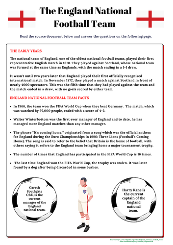 The England National Football Team World Cup Reading English Activity / Functional Skills / KS3/ KS4