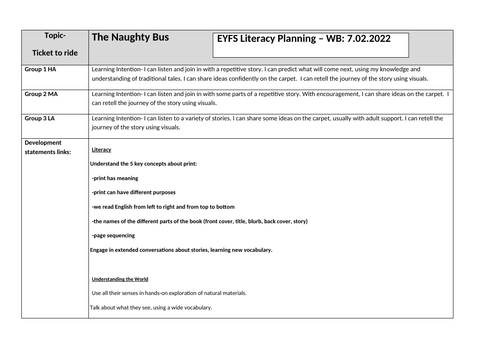 The naughty bus EYFS planning